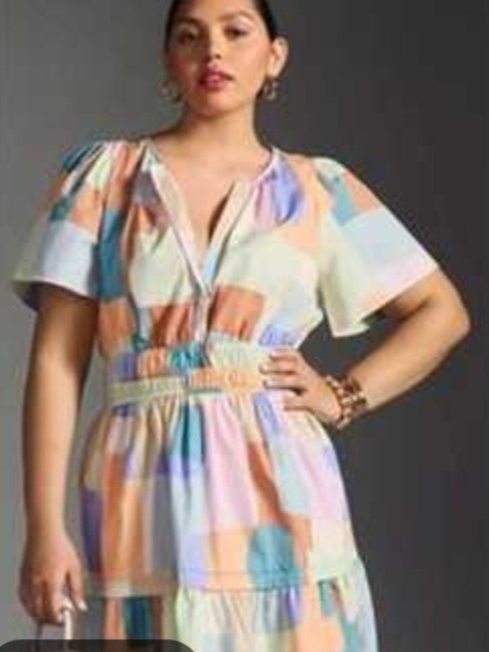 Anthropologie Somerset Women’s Pastel Patchwork V-Neck Smocked Waist Dress